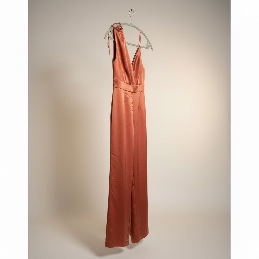 Renamed Look of Luxe Rust Satin Jumpsuit Wide Leg Size Small - Picture 11 of 13